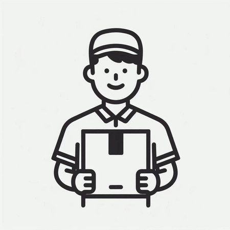 Delivery man with cardboard box icon in outline style. Vector illustration.の写真素材