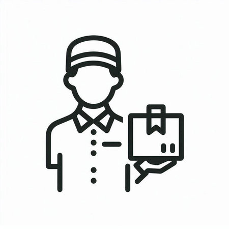 delivery man with box icon on white background, vector illustration.の写真素材