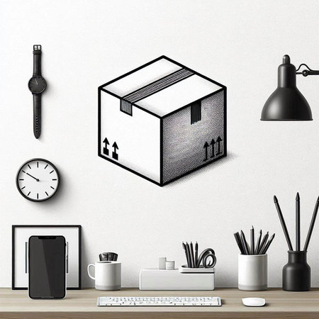 3d rendering of a workspace with a set of objects on the wall