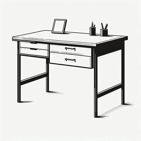 Drawing of a desk with a laptop and stationery on a white background