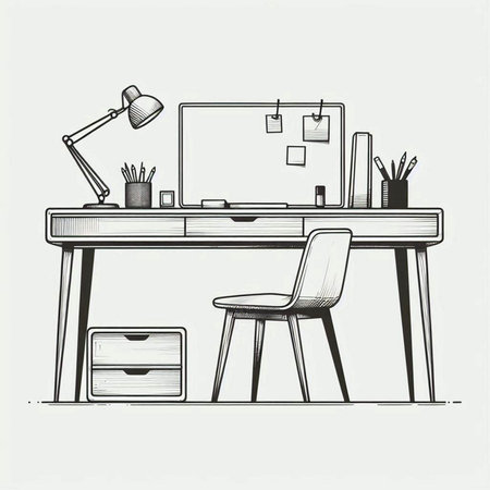 Hand drawn sketch of a desk and chair in the office. Vector illustration
