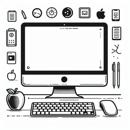 Illustration of a desktop computer, keyboard, mouse, pencil, apple, clock, watch, and other objects