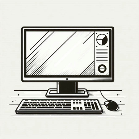 Computer monitor and mouse on a white background. Vector illustration in retro style.