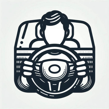 Man driving a car with steering wheel, vector illustration in vintage style