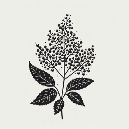 Elderberry branch with leaves and seeds. Hand drawn vector illustration.