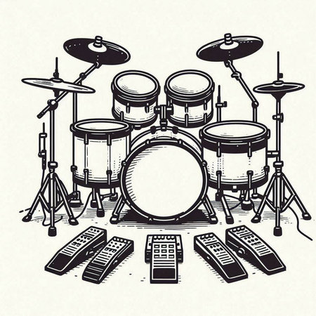 Drum set. Black and white vector illustration in sketch style.