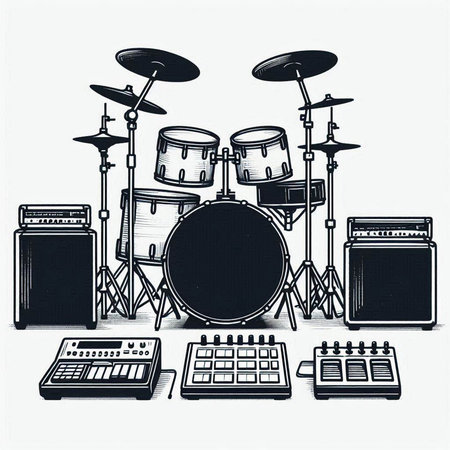 Drum set on a white background. Black and white vector illustration.