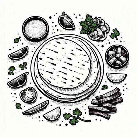 Hand drawn vector illustration of indian cuisine. Traditional indian food.