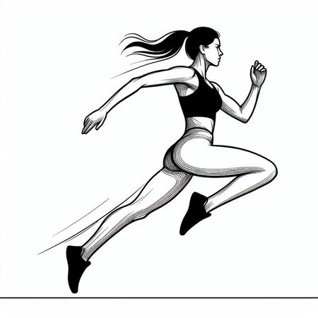 Running woman. Ink black and white drawing. Vector illustration isolated on white background.