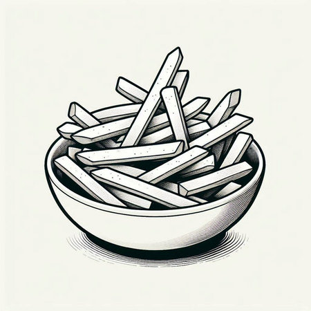 Illustration of french fries in a bowl. Hand drawn vector illustration.
