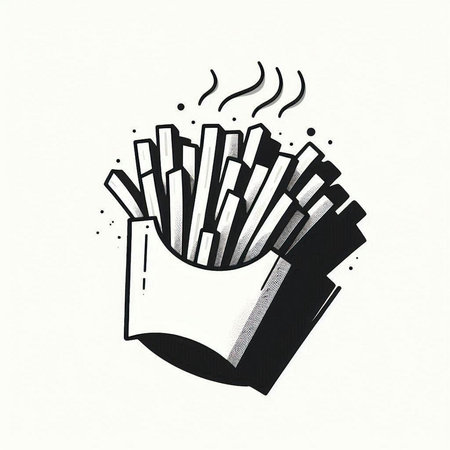 french fries on a white background, engraving, ink, line art