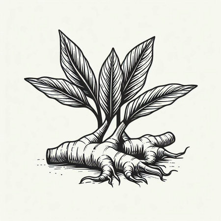 Ginseng root. Hand drawn vector illustration in sketch style.