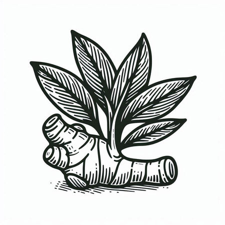 Ginger root and leaves sketch engraving vector illustration. Scratch board style imitation. Black...