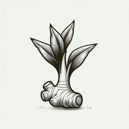Ginger root with leaves. Hand drawn vector illustration in sketch style.