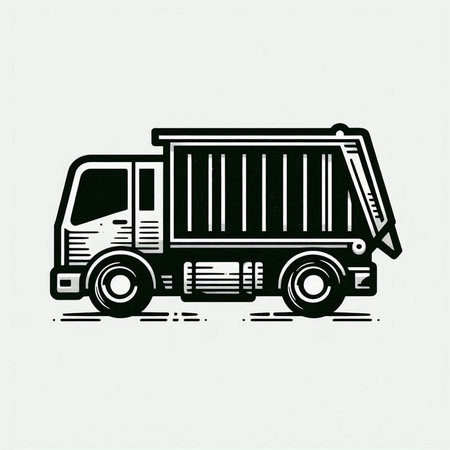 Garbage truck isolated on white background. Black and white vector illustration.