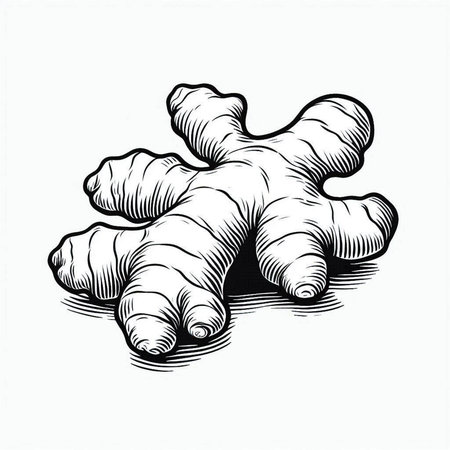 Ginger root. Ink black and white drawing. Vector illustration.
