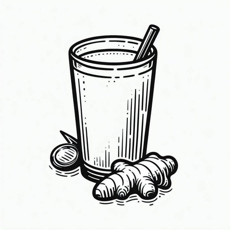 Ginger tea in glass. Hand drawn vector illustration in vintage style.