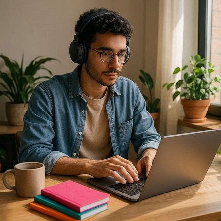handsome african american man in eyeglasses using laptop and headphones
