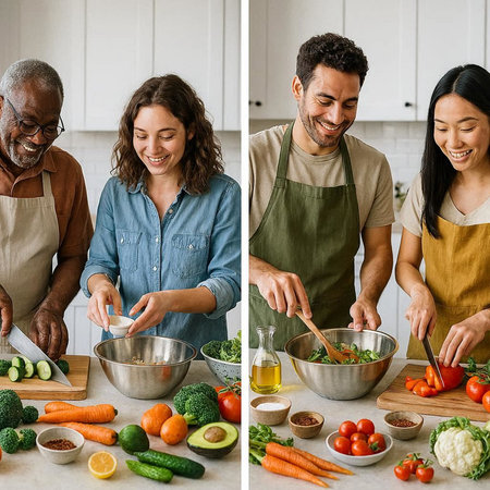 Collage of happy family preparing healthy food in the kitchen at home