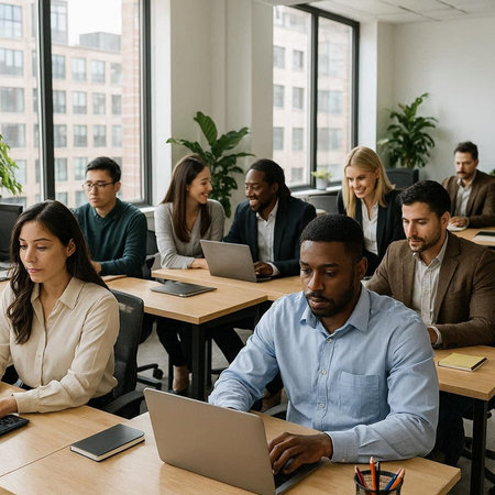 Diverse group of young business people working together in a modern office