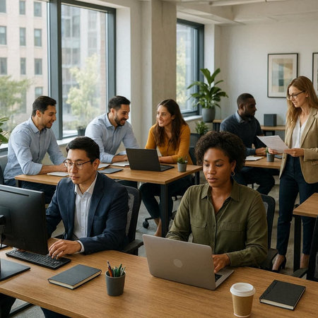 Group of diverse business people working together in modern office. Multiethnic corporate team.