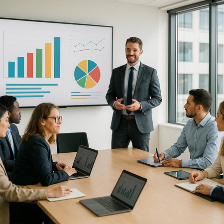 smiling businessman pointing at flipchart during meeting with colleagues in office