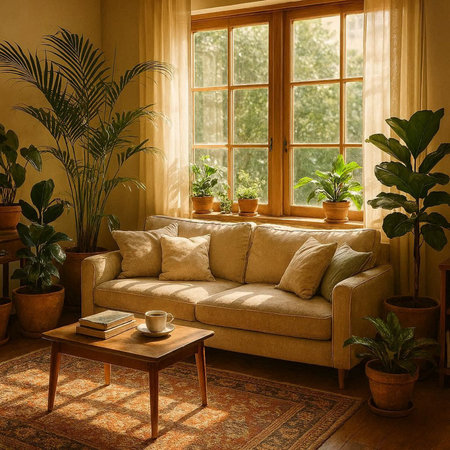 Interior of a cozy living room with a sofa, plants and a cup of coffee