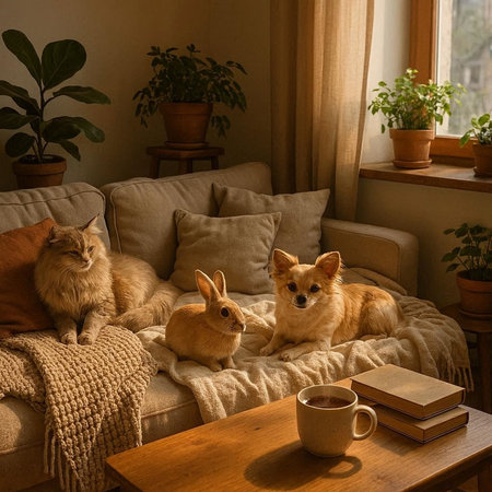 Cute cat, dog and chihuahua sitting on sofa at homeの写真素材