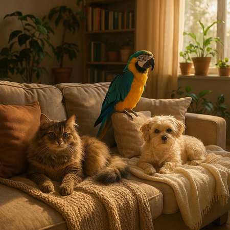 Cute macaw, cat and dog sitting on sofa at homeの写真素材