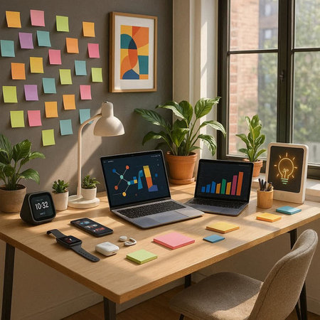 3D rendering of a creative designer workspace with laptop, tablet, phone and other items