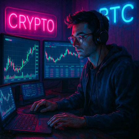 Cyber attack concept. Young man in dark room with computer and stock market graph.