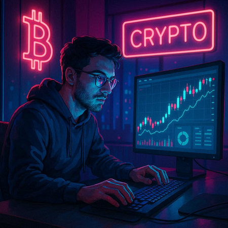 A hacker in a dark room with a computer and a bitcoin sign.