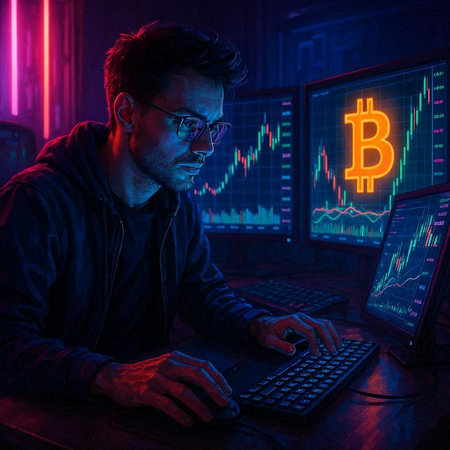 Portrait of a hacker in a dark room with a computer and a bitcoin sign.