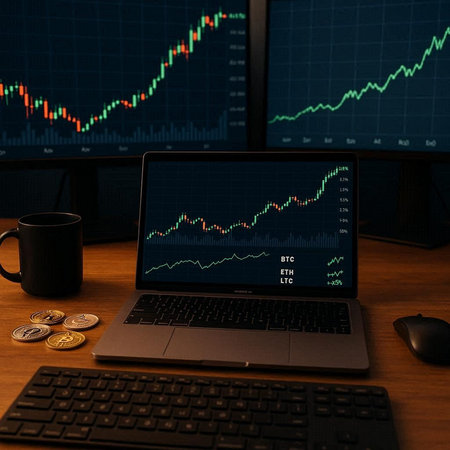 Stock market chart on the screen of a laptop with a cup of coffee