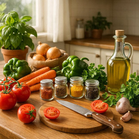 Vegetables, herbs and spices on a wooden table in the kitchen