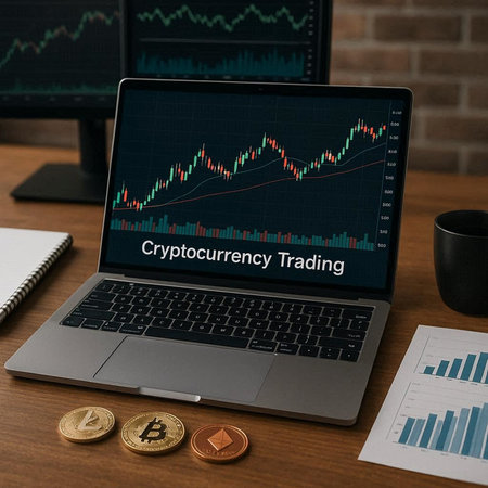 Laptop with cryptocurrency concept on the screen. Cryptocurrency trading and investment concept.