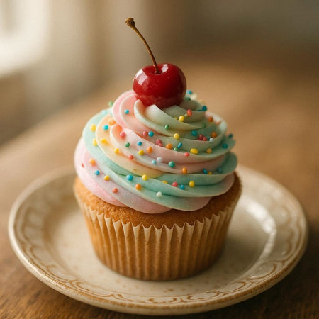 Cupcake with cream and cherry on a wooden background. Selective focus.