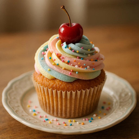 Cupcake with colorful buttercream frosting and cherry on topの写真素材