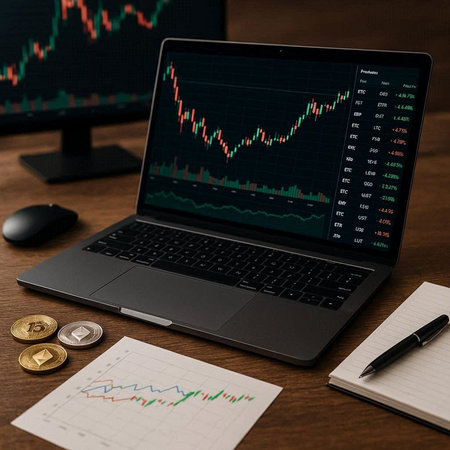 Stock market graph on laptop screen. Cryptocurrency trading concept.の写真素材