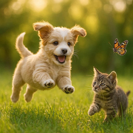 Puppy and tabby kitten playing together on the green grass