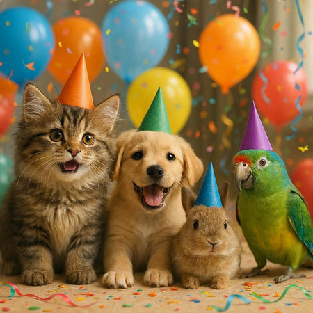 Cat, dog and puppy in birthday hats with colorful balloons on background
