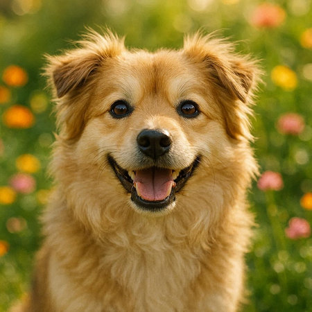 portrait of a red dog on a background of green grass and flowers