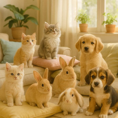 Cute little kittens, dogs and cats sitting on sofa in living roomの写真素材