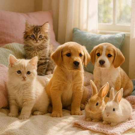 Cute little kittens, beagle dog and golden retriever sitting on bed at home