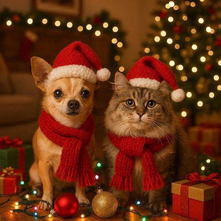 Cute chihuahua dog and cat in Santa Claus hats on the background of a Christmas tree