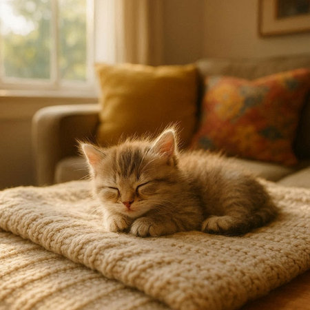 Cute little kitten sleeping on a knitted plaid at homeの写真素材