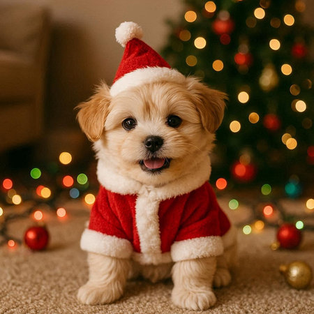Cute puppy in santa claus costume on background of Christmas tree