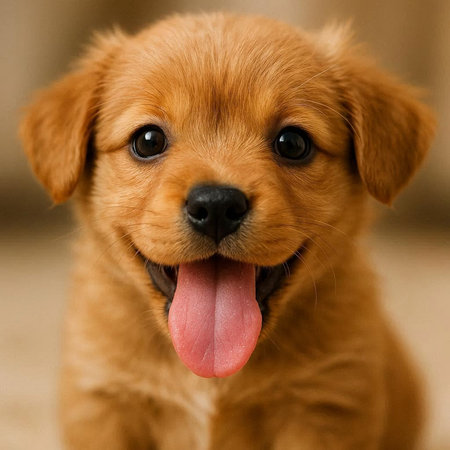 Cute little golden retriever puppy looking at the camera with tongue out
