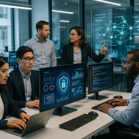 multiethnic team of software developers working on computers in modern office