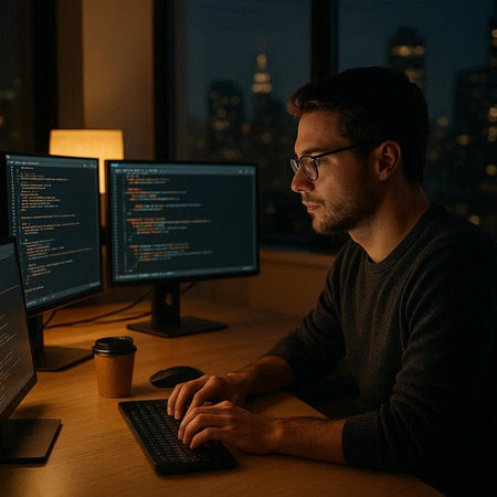 Side view of young man in eyeglasses working on computer at night